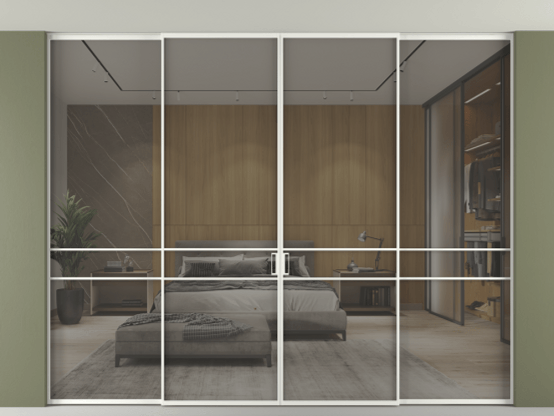 Перегородка Формато внутри проёма скрытое крепление в потолок 4 створки АЛПР 040.02 Алюминий светло-серый Рефлективное серое стекло "Стопсол", калёное Цена 808280 сом | Volhovec