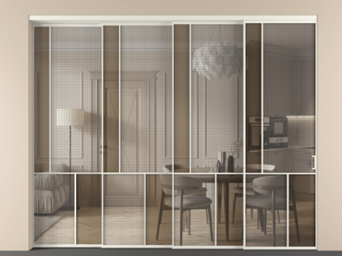 Перегородка Mosaic внутри проема телескопик синхро-4 АЛПР 041.20 Алюминий Белый Mesh silver + Бронза прозрачное триплекс Цена 789910 сом | Volhovec