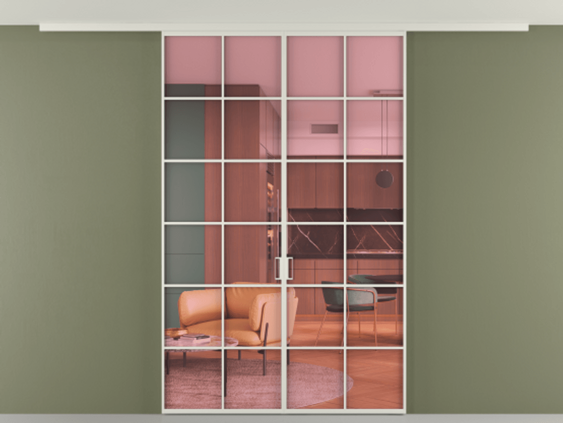 Перегородка Формато вдоль стены на потолок 2 створки АЛПР 040.05 Алюминий Белый Прозрачное розовое стекло, триплекс Цена 279240 сом | Volhovec