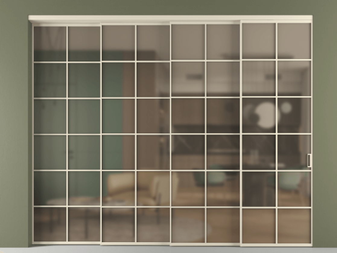 Перегородка Формато внутри проёма 4 створки с синхронным механизмом АЛПР 040.05 Алюминий бежево-серый Сатинированное бронзовое стекло, триплекс. Цена 711520 сом 1. Полотно 4 шт. (800/2100 мм)
2. Комплект установки раздвижной системы
3. Базовый комплект фурнитуры
4. Комплект фурнитуры телескопик синхро-3
5. Ручка Рондо. Фабрика дверей Волховец 8 (800) 551 43 19 Перегородка Формато внутри проёма 4 створки с синхронным механизмом АЛПР 040.05 Алюминий бежево-серый Сатинированное бронзовое стекло, триплекс Цена 711520 сом | Volhovec