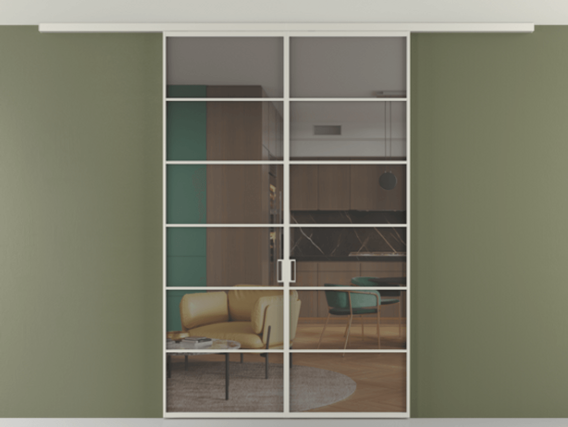 Перегородка Формато вдоль стены на потолок 2 створки АЛПР 040.04 Алюминий тёплый серый Прозрачное серое стекло, триплекс Цена 245080 ₽ | Volhovec