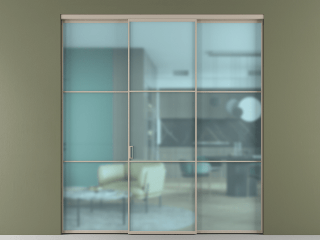 Перегородка Formato внутри проёма 3 створки АЛПР 040.03 Алюминий бисквитный Сатинированное голубое стекло, триплекс Цена 345470 сом | Volhovec