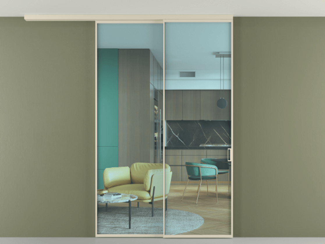 Перегородка Formato вдоль стены на потолок 2 створки с синхронным механизмом АЛПР 040.01 Алюминий бежево-серый Прозрачное голубое стекло, триплекс Цена 435550 сом | Volhovec