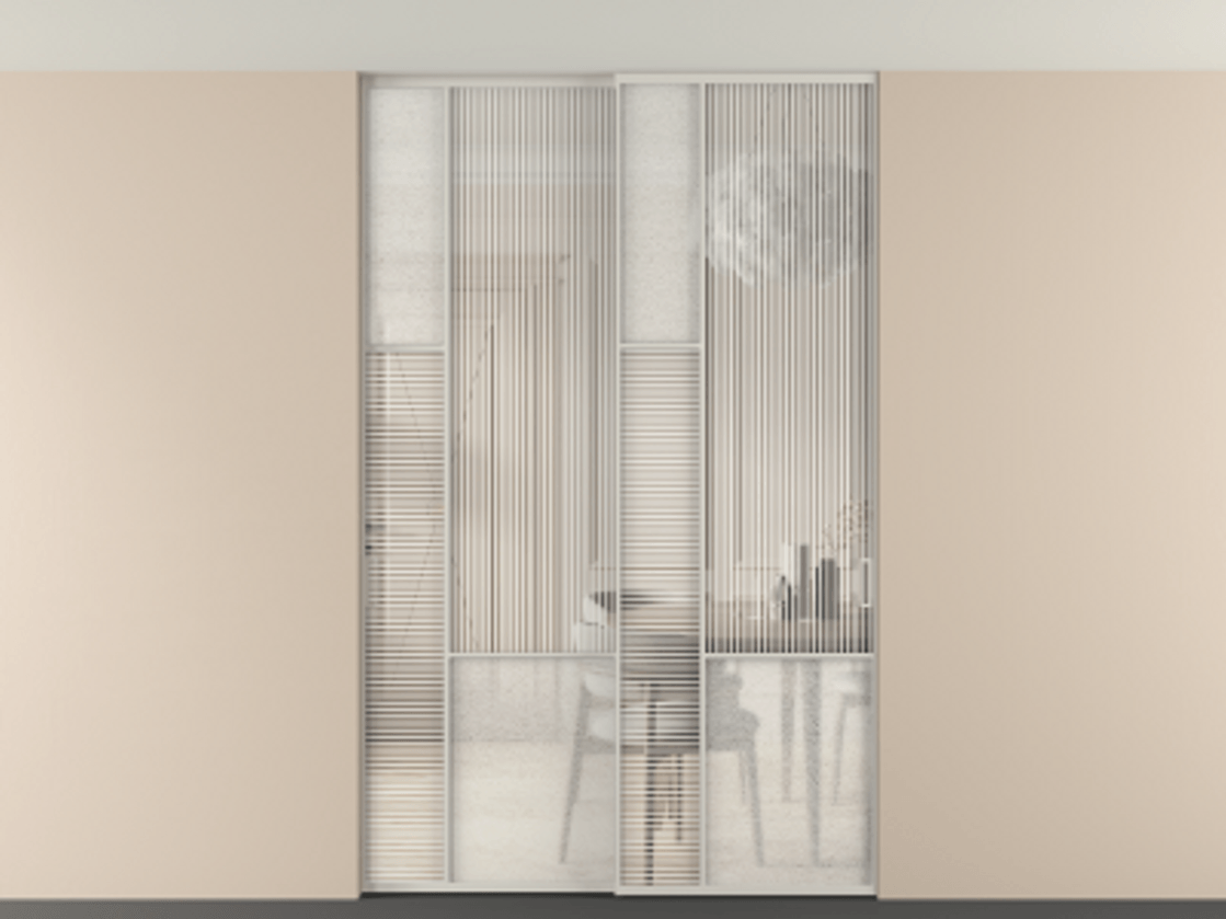 Перегородка Мозаик внутри проёма скрытое крепление в потолок 2 створки АЛПР 041.13 Алюминий тёплый серый Рифлёное стекло "Дюна", триплекс, 6 мм + Фактурное стекло "Лёд", триплекс Цена 495880 сом | Volhovec