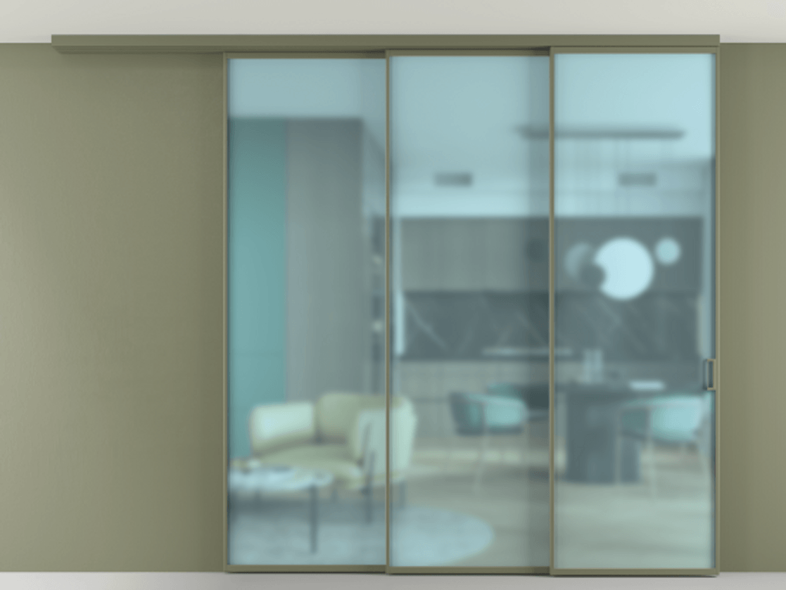 Перегородка Formato вдоль стены на потолок 3 створки с синхронным механизмом АЛПР 040.01 Алюминий оливковый тёмный Сатинированное голубое стекло, триплекс Цена 556350 сом | Volhovec