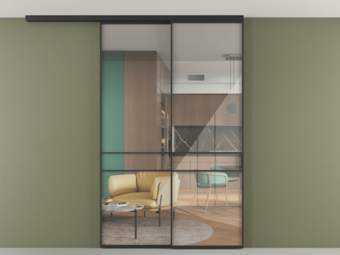 Перегородка Формато вдоль стены на потолок 2 створки с синхронным механизмом АЛПР 040.02 Алюминий Черный Рефлективное прозрачное стекло "Стопсол", калёное Цена 454420 сом | Volhovec