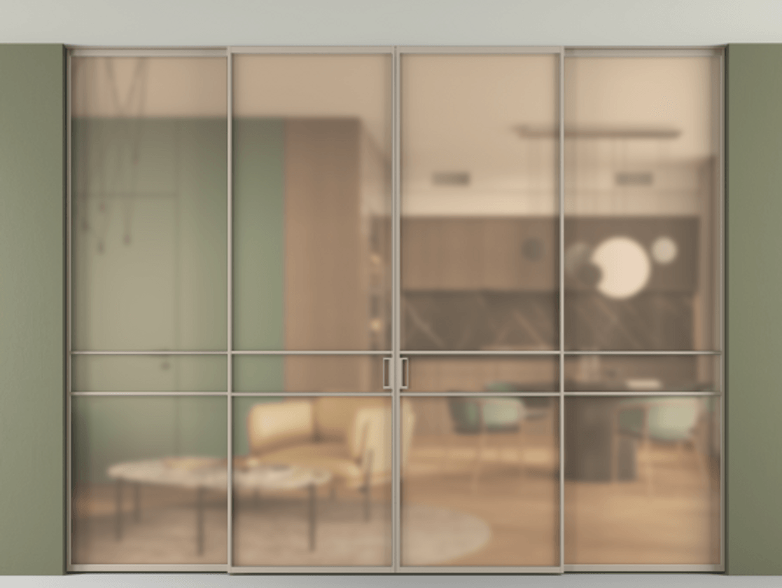 Перегородка Formato внутри проёма скрытое крепление в потолок 4 створки АЛПР 040.02 Алюминий бисквитный Сатинированное оранжевое стекло, триплекс Цена 665470 сом | Volhovec