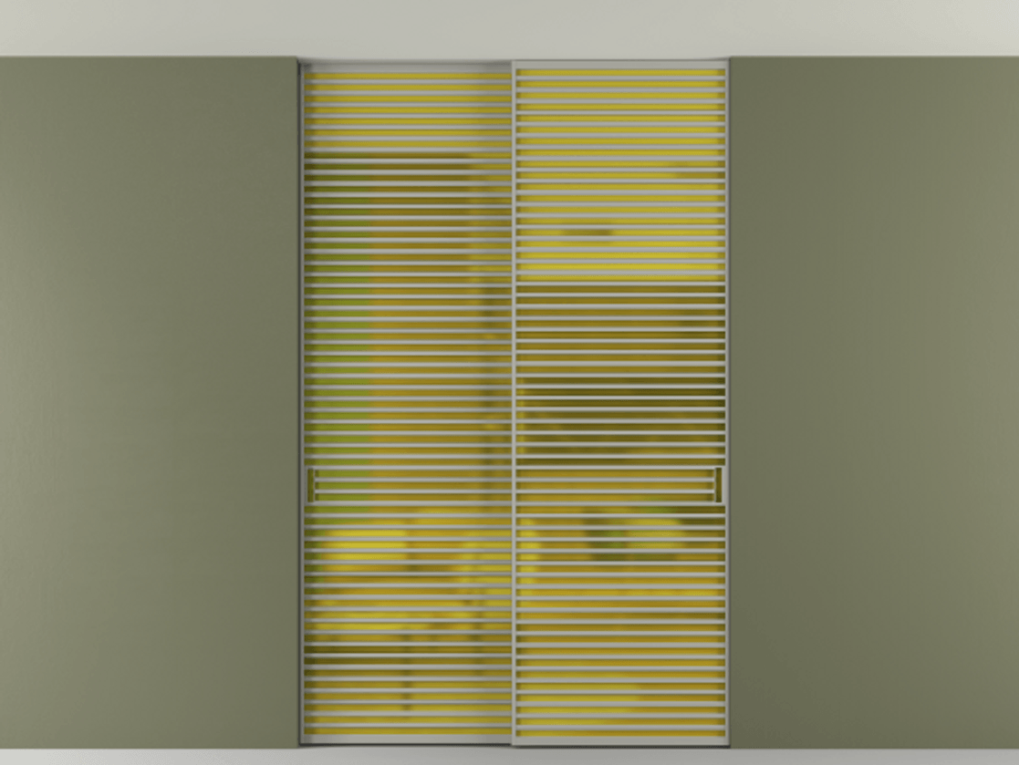 Перегородка Формато внутри проёма скрытое крепление в потолок 2 створки АЛПР 040.07 Алюминий нейтральный серый Сатинированное жёлтое стекло, триплекс Цена 83212750 so'm | Volhovec