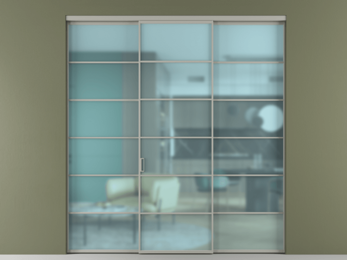 Перегородка Формато внутри проёма 3 створки АЛПР 040.04 Алюминий нейтральный серый Сатинированное голубое стекло, триплекс Цена 371030 сом | Volhovec