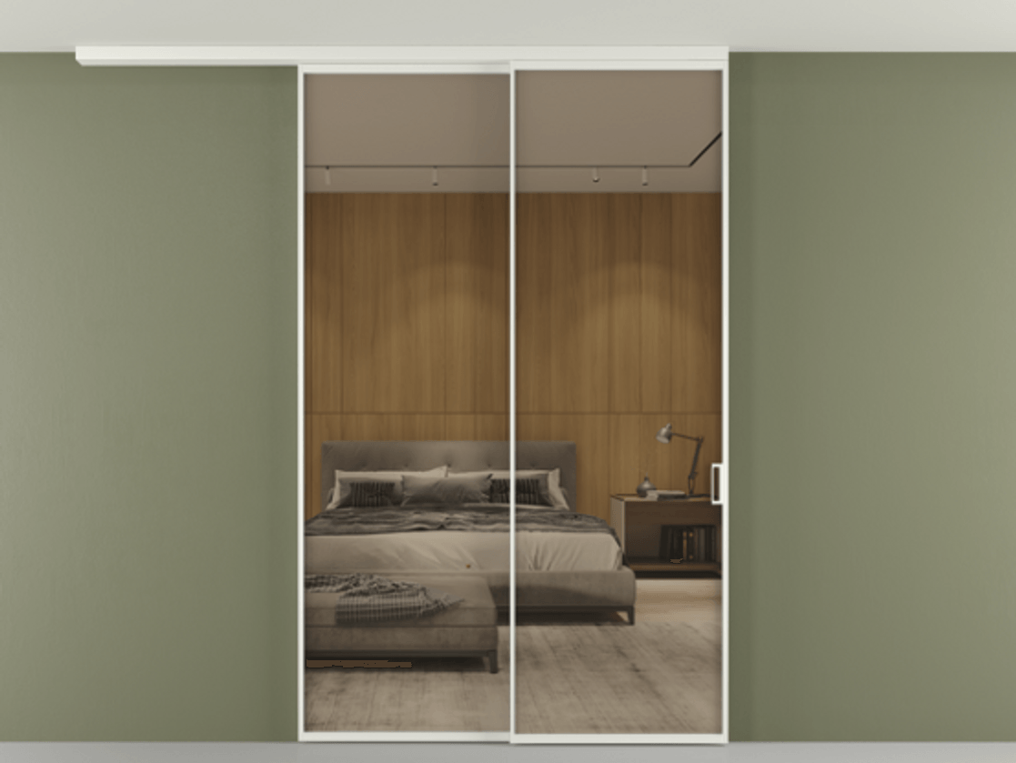 Перегородка Формато вдоль стены на потолок 2 створки с синхронным механизмом АЛПР 040.01 Алюминий светло-серый Рефлективное бронзовое стекло "Стопсол", калёное Цена 458840 сом | Volhovec