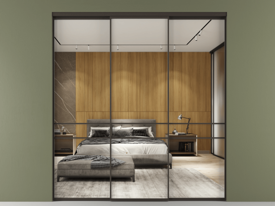 Перегородка Formato внутри проёма 3 створки АЛПР 040.02 Алюминий антрацит Двустороннее зеркало, триплекс , триплекс 6 мм Цена 345470 сом | Volhovec