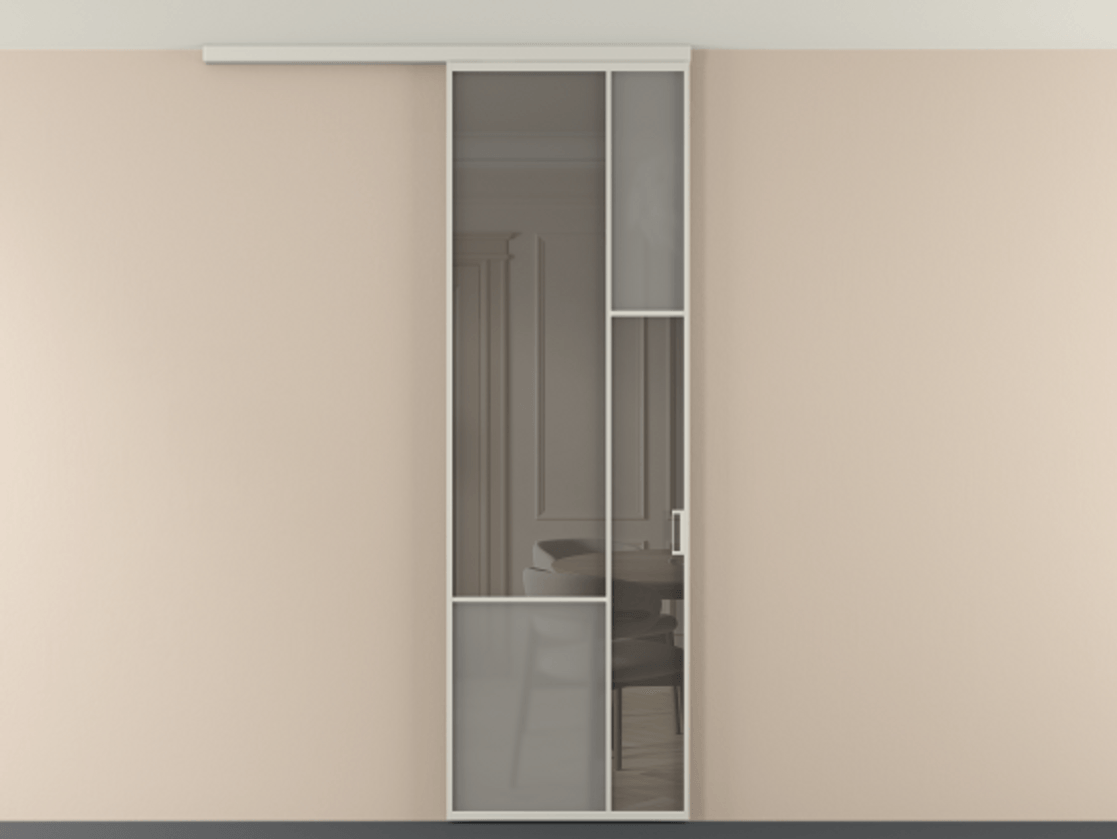 Перегородка Мозаик вдоль стены на потолок 1 створка АЛПР 041.12 Алюминий тёплый серый Сатинированное серое стекло, триплекс, 6 мм + Прозрачное серое стекло, триплекс Цена 196620 сом | Volhovec