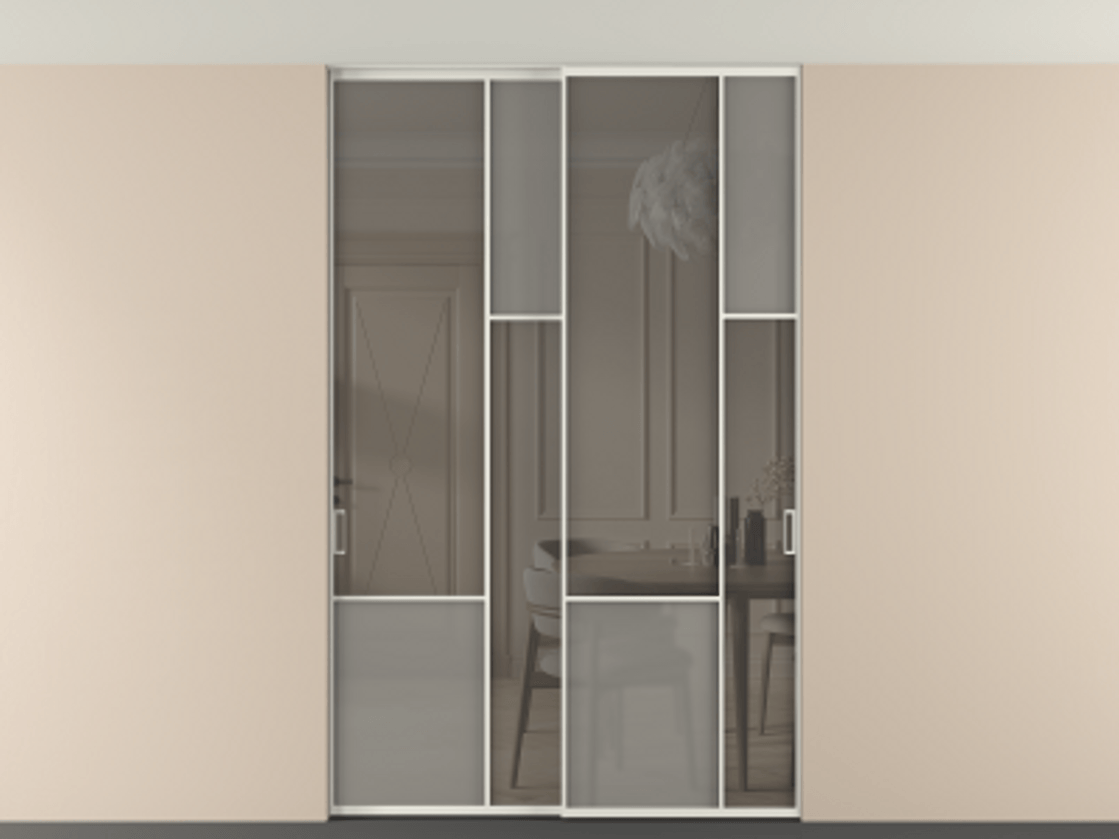 Перегородка Мозаик внутри проёма скрытое крепление в потолок 2 створки АЛПР 041.12 Алюминий серый Сатинированное серое стекло, триплекс, 6 мм + Прозрачное серое стекло, триплекс Цена 472590 сом | Volhovec