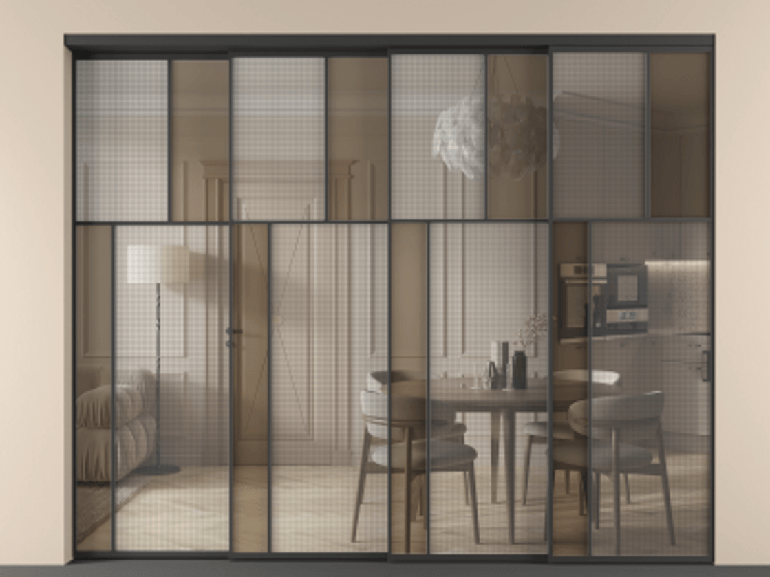 Перегородка Mosaic внутри проема телескопик синхро-4 АЛПР 041.22 Алюминий Черный Mesh silver + Бронза прозрачное триплекс Цена 789910 сом | Volhovec