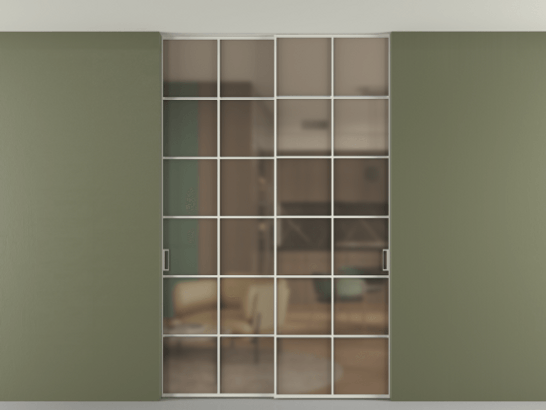 Перегородка Formato внутри проёма скрытое крепление в потолок 2 створки АЛПР 040.05 Алюминий Белый Сатинированное бронзовое стекло, триплекс Цена 370530 сом | Volhovec