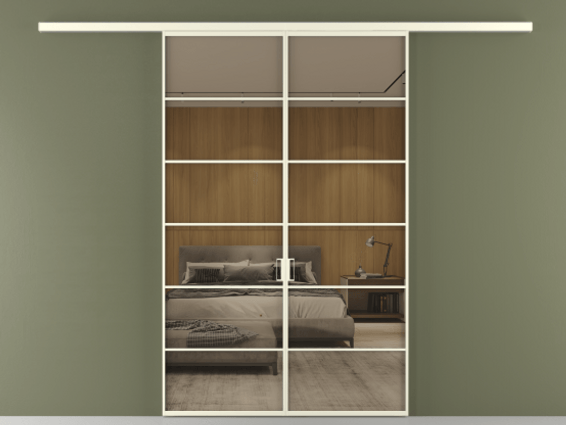 Перегородка Формато вдоль стены 2 створки АЛПР 040.04 Алюминий молочно-белый Рефлективное бронзовое стекло "Стопсол", калёное Цена 385260 сом | Volhovec