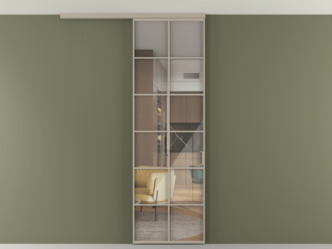 Перегородка Формато вдоль стены на потолок 1 створка АЛПР 040.05 Алюминий бисквитный Рефлективное прозрачное стекло "Стопсол", калёное Цена 166351 сом | Volhovec