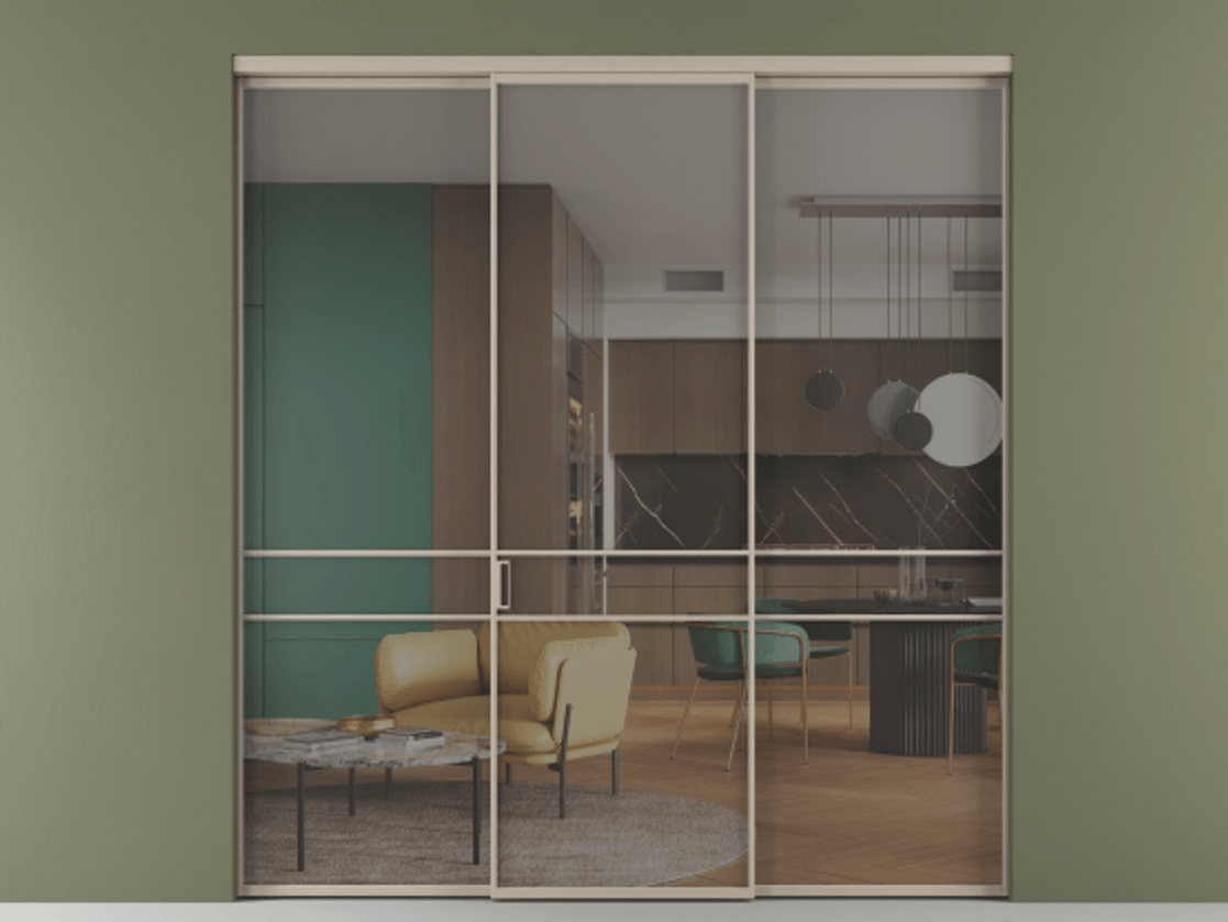 Перегородка Formato внутри проёма 3 створки АЛПР 040.02 Алюминий бисквитный Прозрачное серое стекло, триплекс Цена 345470 сом | Volhovec