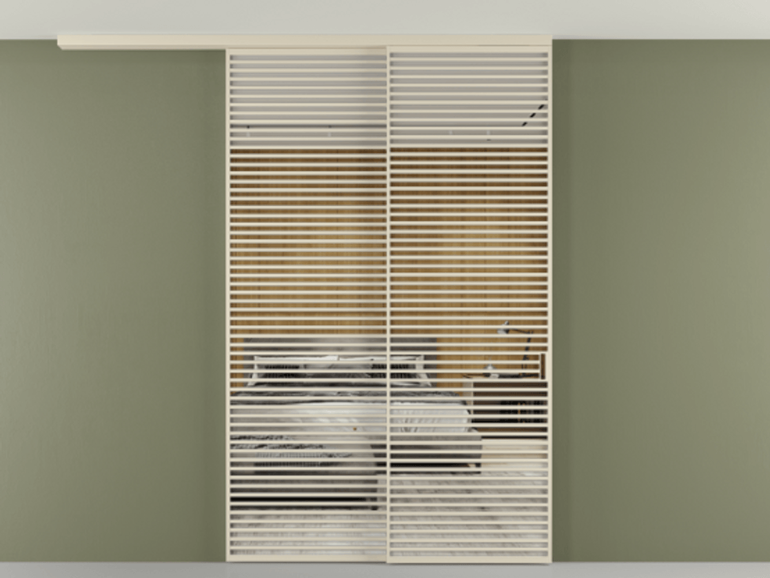 Перегородка Формато вдоль стены на потолок 2 створки с синхронным механизмом АЛПР 040.07 Алюминий бежево-серый Двустороннее зеркало, триплекс , триплекс 6 мм Цена 766760 сом | Volhovec