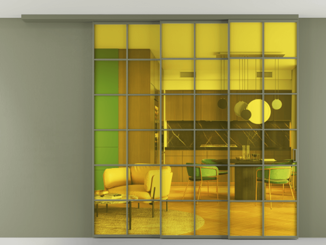 Перегородка Formato вдоль стены на потолок 3 створки с синхронным механизмом АЛПР 040.05 Алюминий оливковый тёмный Прозрачное жёлтое стекло, триплекс Цена 607090 сом | Volhovec