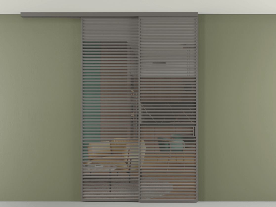 Перегородка Формато вдоль стены на потолок 2 створки с синхронным механизмом АЛПР 040.07 Алюминий классический серый Прозрачное серое стекло, триплекс Цена 23480 AZE | Volhovec