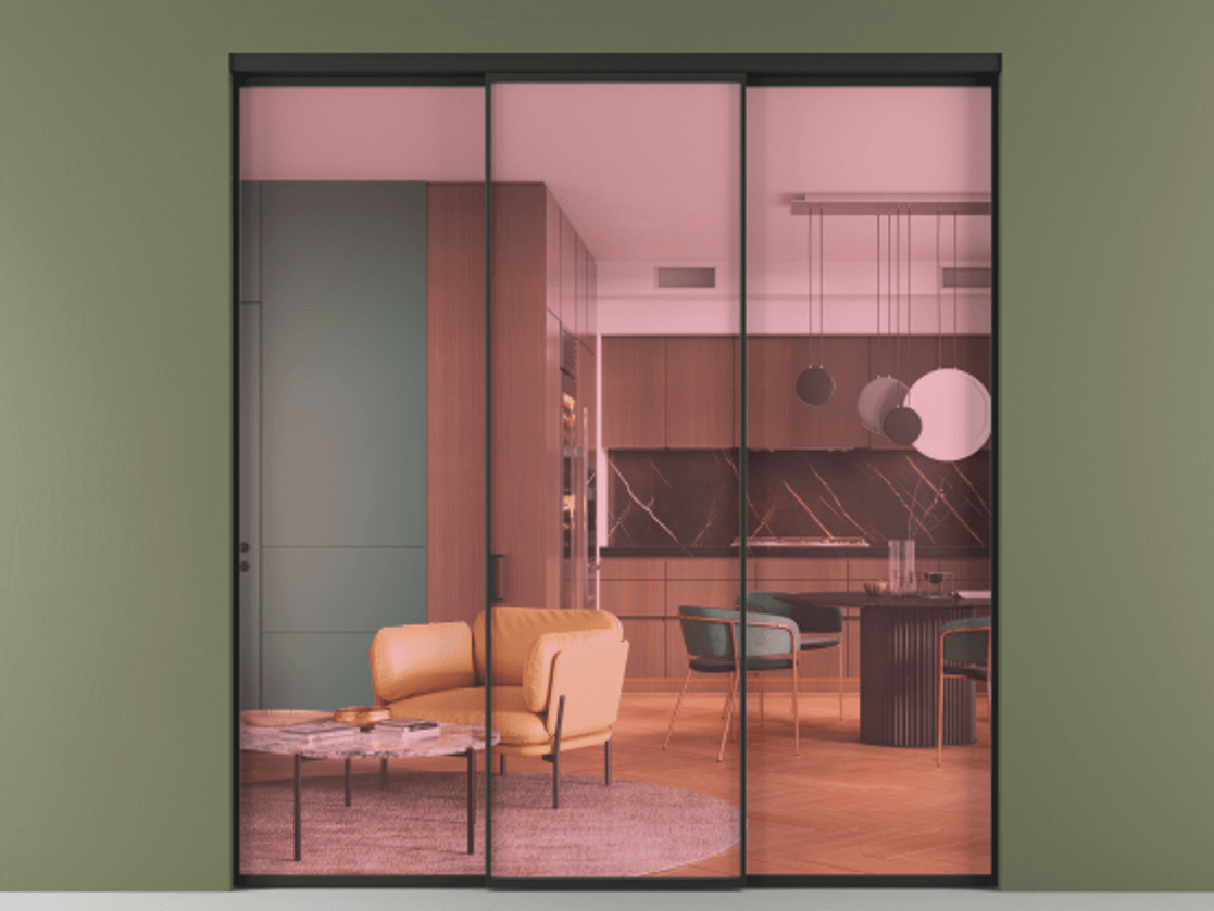 Перегородка Formato внутри проёма 3 створки АЛПР 040.01 Алюминий Черный Прозрачное розовое стекло, триплекс Цена 314900 сом | Volhovec