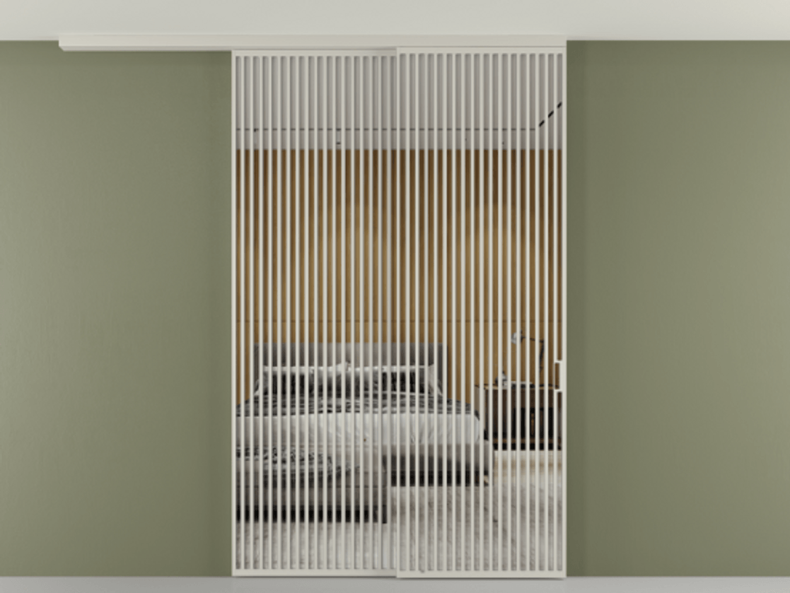 Перегородка Формато вдоль стены на потолок 2 створки с синхронным механизмом АЛПР 040.06 Алюминий тёплый серый Двустороннее зеркало, триплекс , триплекс 6 мм Цена 766760 сом | Volhovec