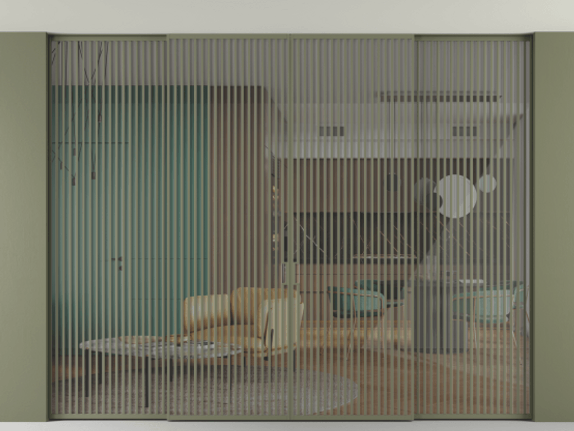 Перегородка Formato внутри проёма скрытое крепление в потолок 4 створки АЛПР 040.06 Алюминий оливковый тёмный Рефлективное прозрачное стекло "Stopsol", калёное Цена 1436110 сом | Volhovec