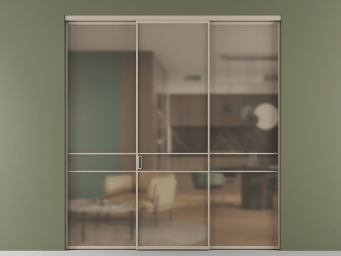 Перегородка Formato внутри проёма 3 створки АЛПР 040.02 Алюминий бисквитный Сатинированное бронзовое стекло, триплекс Цена 345470 сом | Volhovec