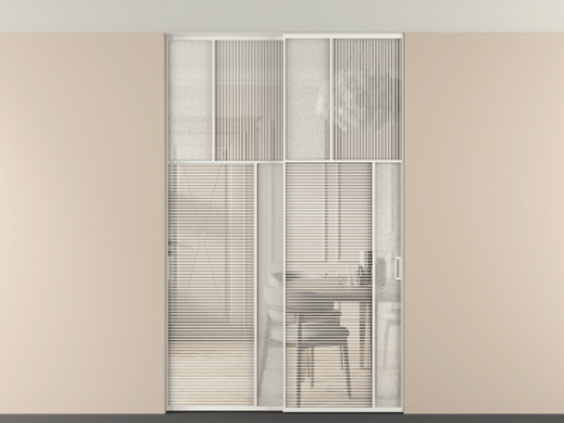 Перегородка Мозаик внутри проёма скрытое крепление в потолок 2 створки АЛПР 041.23 Алюминий светло-серый Рифлёное стекло "Дюна", триплекс, 6 мм + Фактурное стекло "Лёд", триплекс Цена 495880 сом | Volhovec