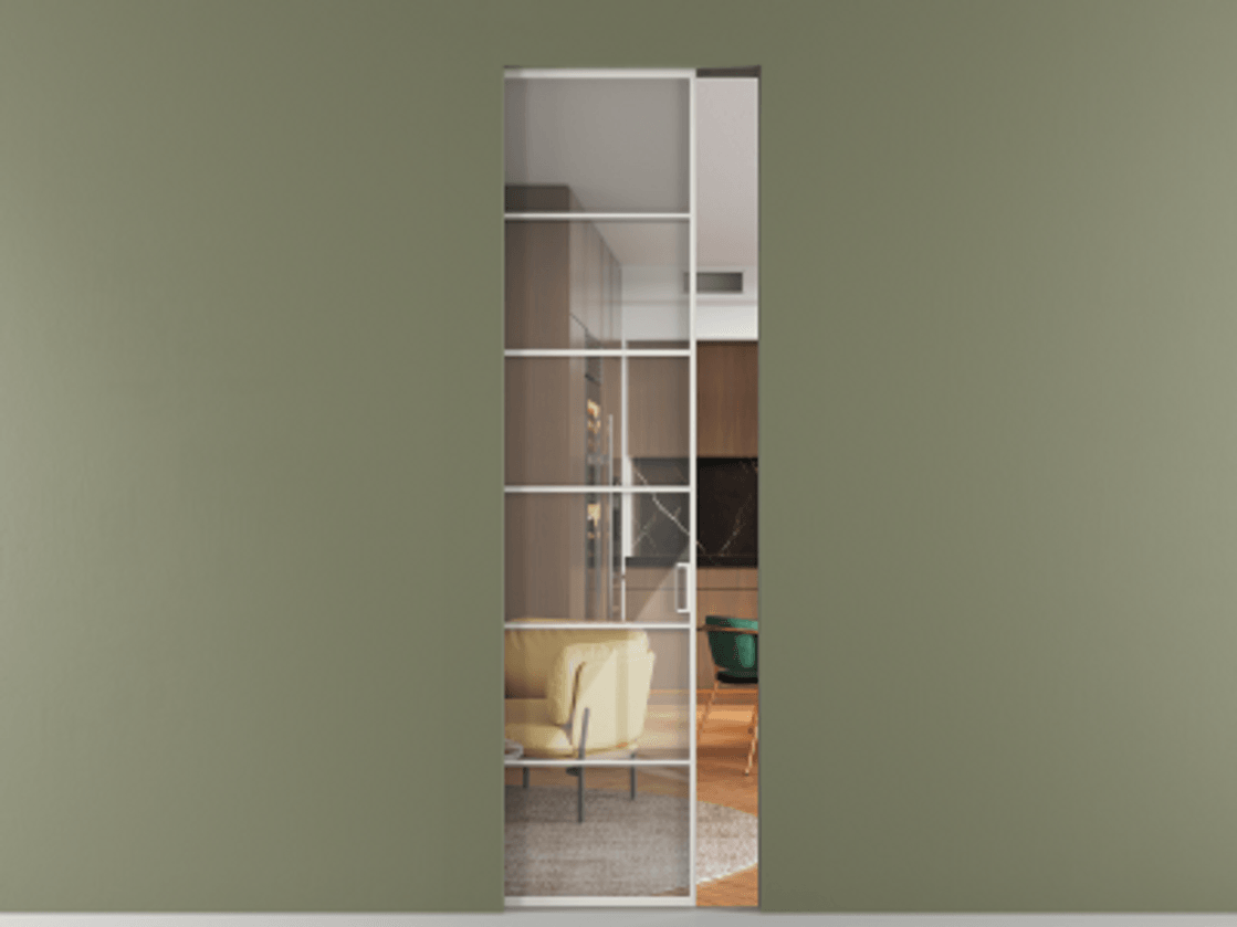 Перегородка Formato скрытый пенал 1 створка АЛПР 040.04 Алюминий Белый Рефлективное прозрачное стекло "Stopsol", калёное Цена 265280 сом | Volhovec