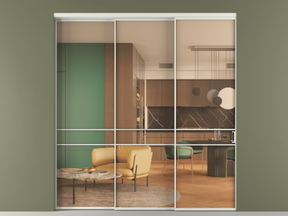 Перегородка Формато внутри проёма 3 створки с синхронным механизмом АЛПР 040.02 Алюминий серый Прозрачное оранжевое стекло, триплекс Цена 501650.8 сом  | Volhovec