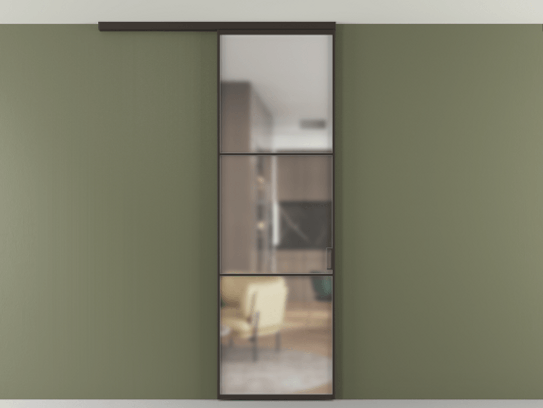 Перегородка Формато вдоль стены на потолок 1 створка АЛПР 040.03 Алюминий антрацит Сатинированное стекло "Мателюкс Кристал Вижн", калёное, матовое, каленое 6 мм Цена 156360 сом | Volhovec