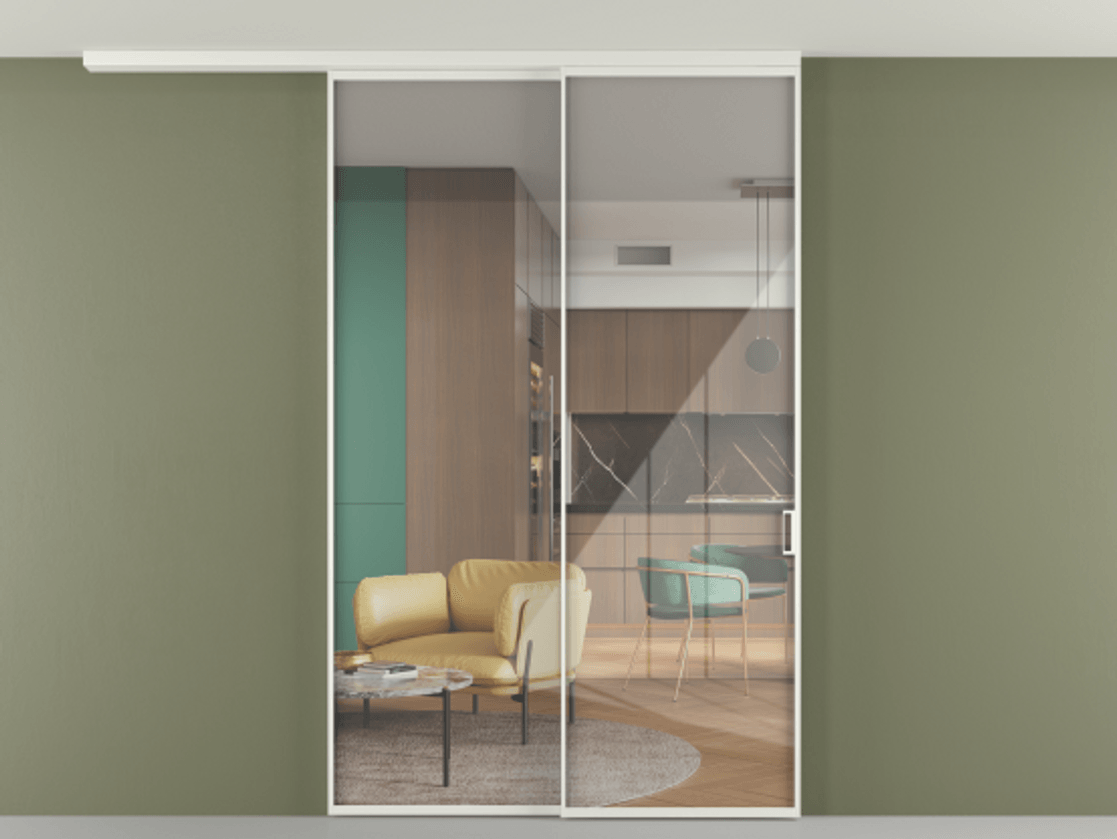 Перегородка Формато вдоль стены на потолок 2 створки с синхронным механизмом АЛПР 040.01 Алюминий светло-серый Рефлективное прозрачное стекло "Стопсол", калёное Цена 458840 сом | Volhovec