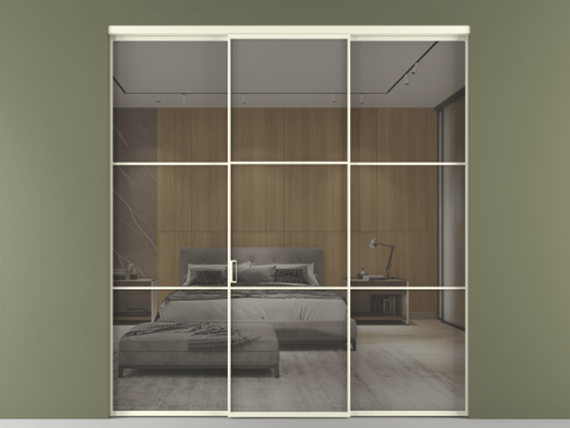 Перегородка Формато внутри проёма 3 створки АЛПР 040.03 Алюминий молочно-белый Рефлективное серое стекло "Стопсол", калёное Цена 462430 сом | Volhovec