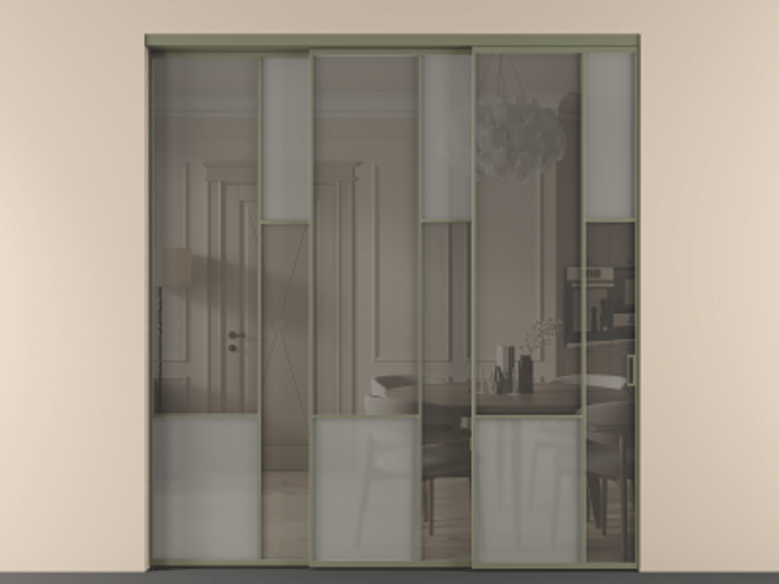 Перегородка Mosaic внутри проёма 3 створки с синхронным механизмом АЛПР 041.12 Алюминий оливковый тёмный Сатинированное серое стекло, триплекс, 6 мм + Прозрачное серое стекло, триплекс Цена 636840 сом | Volhovec