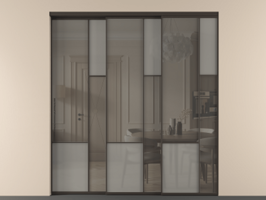 Перегородка Мозаик внутри проёма 3 створки с синхронным механизмом АЛПР 041.12 Алюминий антрацит Сатинированное серое стекло, триплекс, 6 мм + Прозрачное серое стекло, триплекс Цена 636840 сом | Volhovec