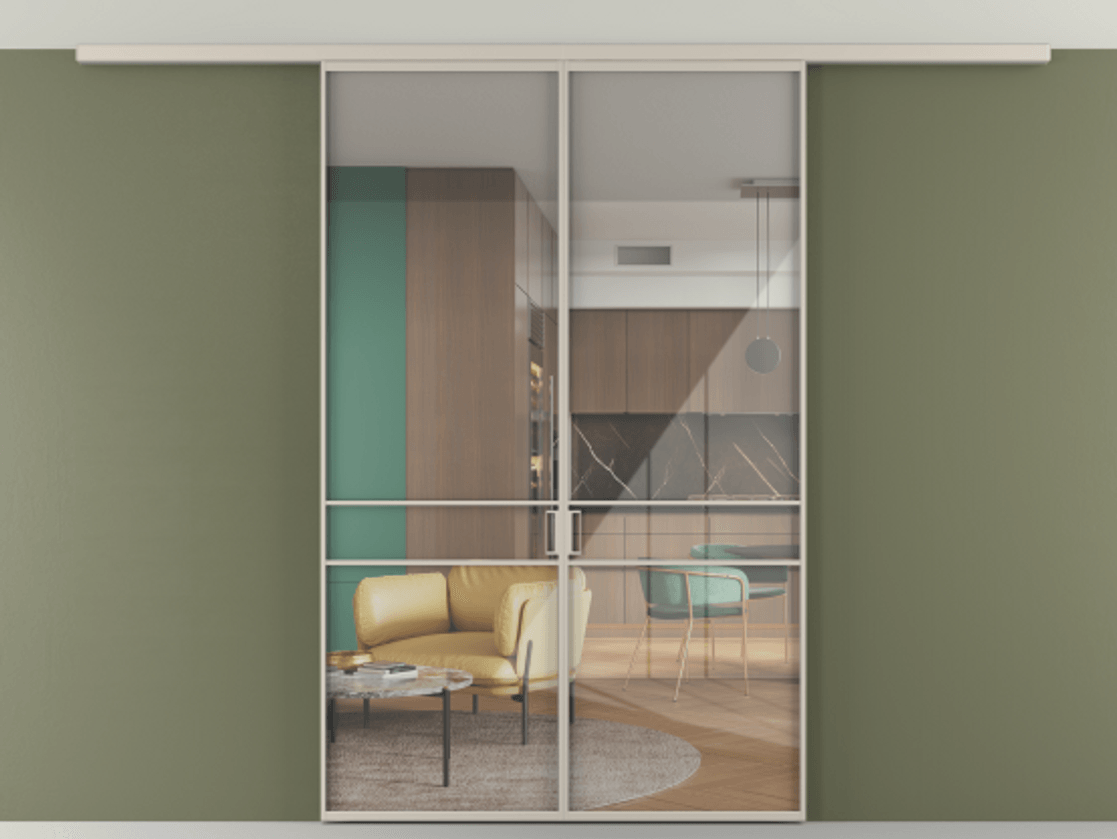 Перегородка Формато вдоль стены на потолок 2 створки АЛПР 040.02 Алюминий светло-бежевый Рефлективное прозрачное стекло "Стопсол", калёное Цена 302380 сом | Volhovec