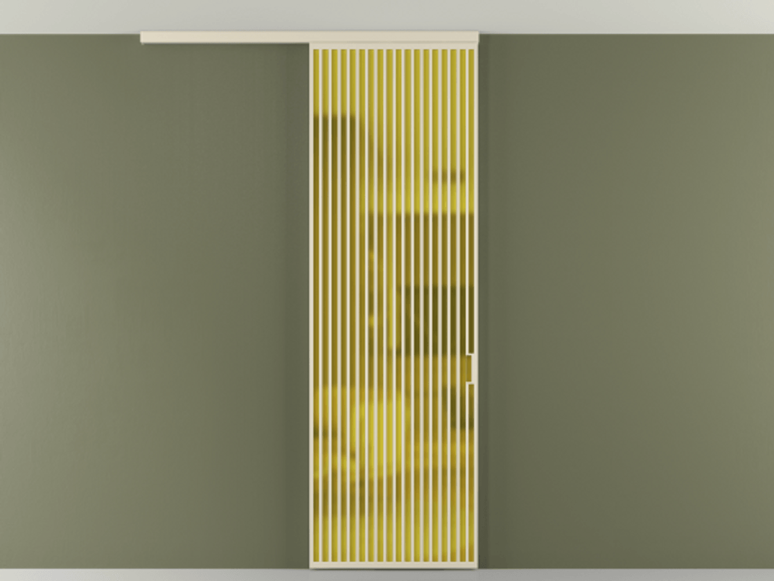 Межкомнатная дверь New Перегородка Formato вдоль стены на потолок одностворчатая АЛПР 040.06 Алюминий бежево-серый Сатинированное жёлтое стекло, триплекс Цена 272600  | Volhovec