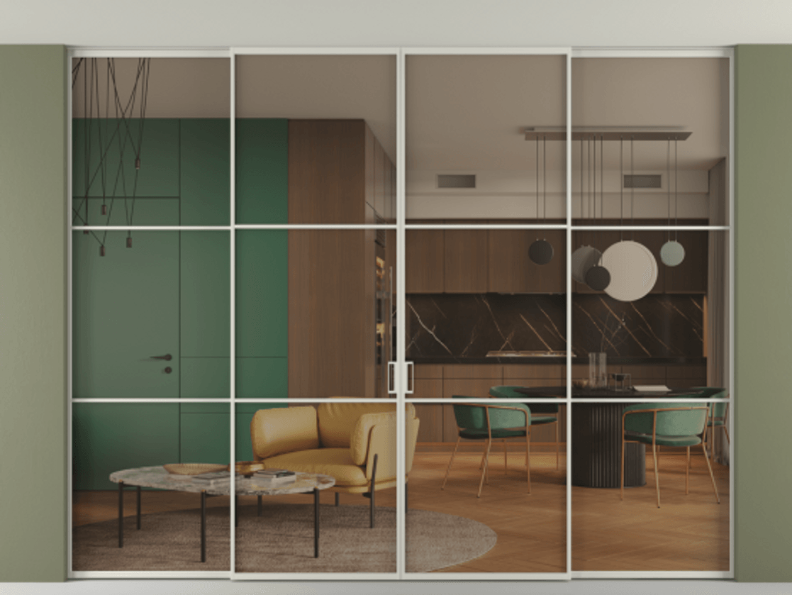 Перегородка Формато внутри проёма скрытое крепление в потолок 4 створки АЛПР 040.03 Алюминий тёплый серый Прозрачное бронзовое стекло, триплекс Цена 641410 сом | Volhovec