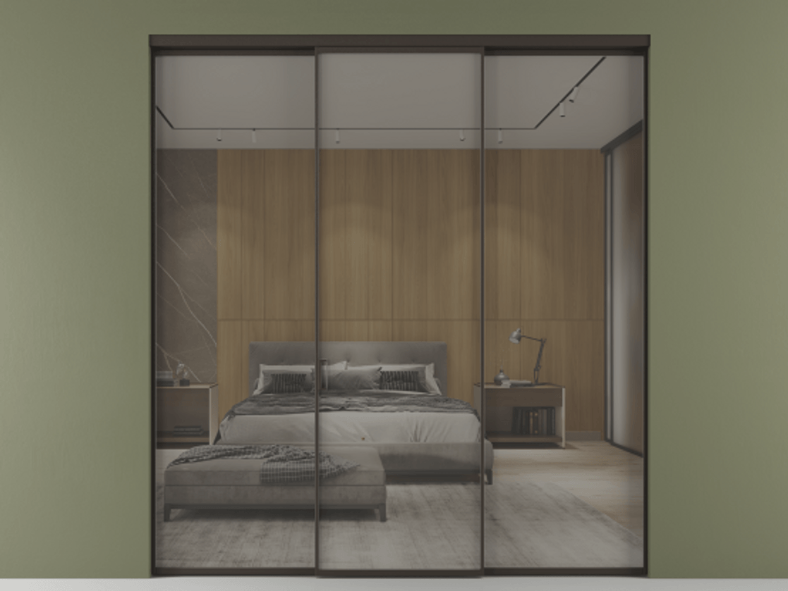 Перегородка Formato внутри проёма 3 створки АЛПР 040.01 Алюминий антрацит Рефлективное серое стекло "Stopsol", калёное Цена 438840 сом | Volhovec