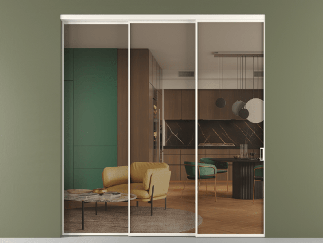 Перегородка Формато внутри проёма 3 створки с синхронным механизмом АЛПР 040.01 Алюминий светло-серый Прозрачное бронзовое стекло, триплекс Цена 406190 сом  | Volhovec