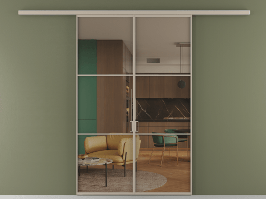 Перегородка Formato вдоль стены 2 створки АЛПР 040.03 Алюминий бисквитный Прозрачное бронзовое стекло, триплекс Цена 339250 сом | Volhovec