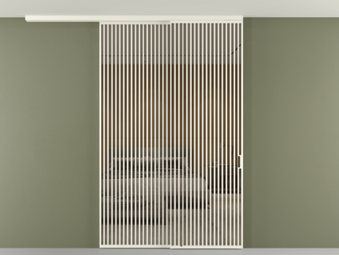 Перегородка Формато вдоль стены на потолок 2 створки с синхронным механизмом АЛПР 040.06 Алюминий жемчужный Рефлективное бронзовое стекло "Стопсол", калёное Цена 674501 сом | Volhovec