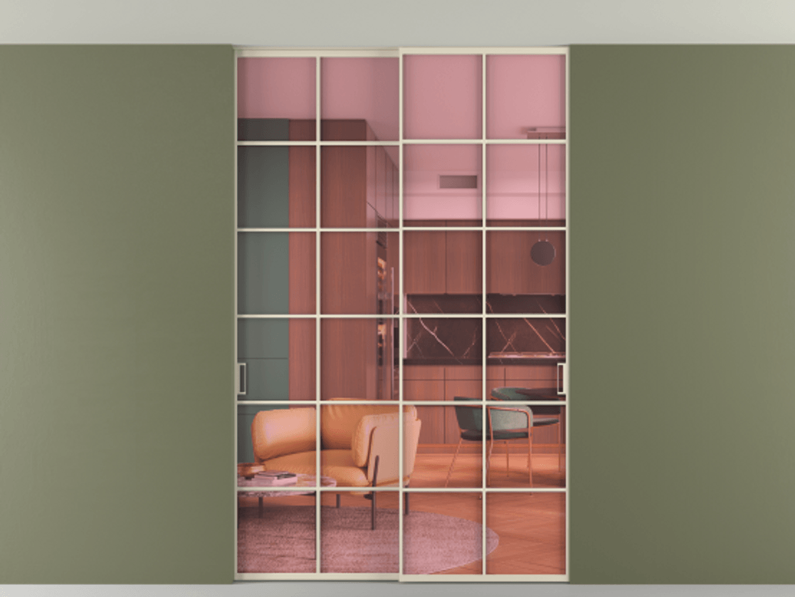 Перегородка Формато внутри проёма скрытое крепление в потолок 2 створки АЛПР 040.05 Алюминий бежево-серый Прозрачное розовое стекло, триплекс Цена 380140 сом | Volhovec