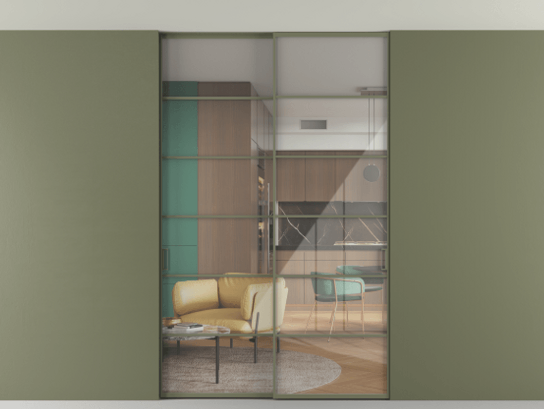 Перегородка Формато внутри проёма скрытое крепление в потолок 2 створки АЛПР 040.04 Алюминий оливковый тёмный Рефлективное прозрачное стекло "Стопсол", калёное Цена 469820 сом | Volhovec