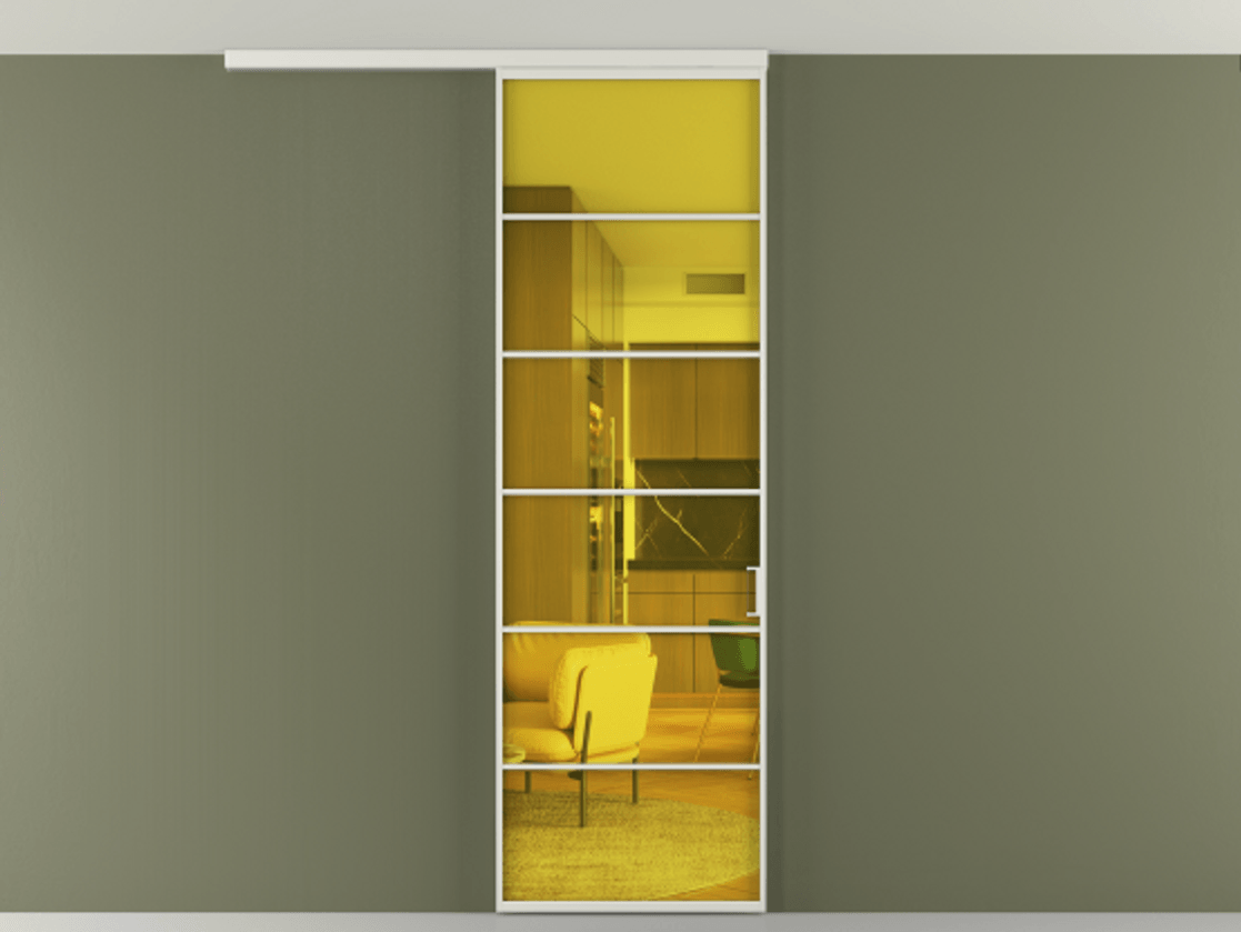 Перегородка Формато вдоль стены на потолок 1 створка АЛПР 040.04 Алюминий серый Прозрачное жёлтое стекло, триплекс Цена 150390 сом | Volhovec