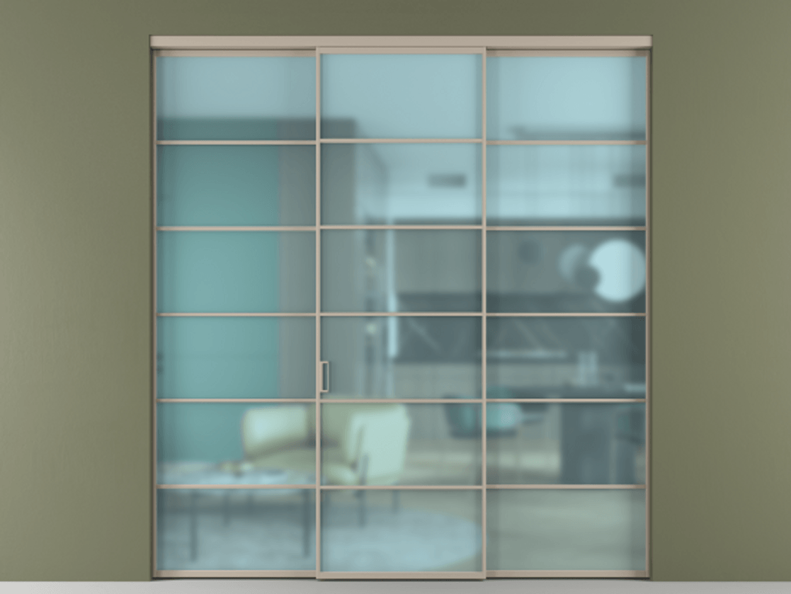 Перегородка Формато внутри проёма 3 створки АЛПР 040.04 Алюминий бисквитный Сатинированное голубое стекло, триплекс Цена 371030 сом | Volhovec