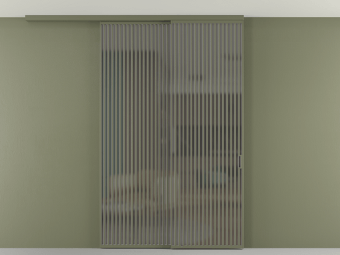 Перегородка Формато вдоль стены на потолок 2 створки с синхронным механизмом АЛПР 040.06 Алюминий оливковый тёмный Сатинированное серое стекло, триплекс Цена 655860 сом | Volhovec