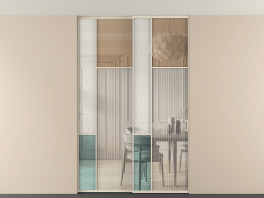 Перегородка Mosaic внутри проёма двустворчатая со скрытым креплением в потолок АЛПР 041.11 Алюминий бежево-серый Комбинация стекол Группы 1 и Группы 3 Цена 490060.2 сом | Volhovec